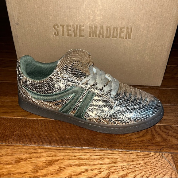 NEW Steve Madden Madrid Low Top Sequins Sneakers Gold & Green Women’s Size 7.5 - Picture 3 of 9